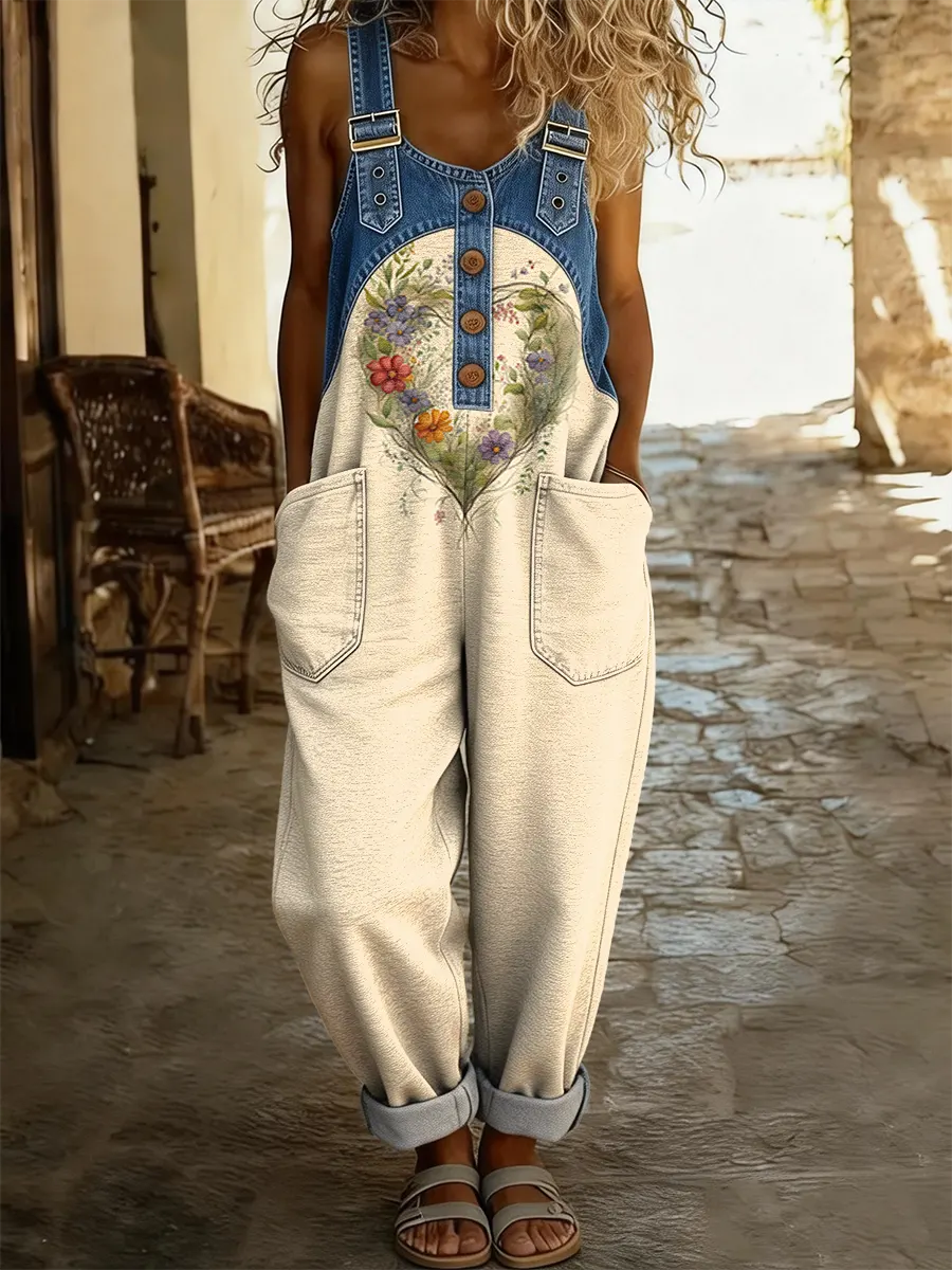 Women's Floral Heart Pattern Art Print Washed Cotton Denim Patchwork Jumpsuit